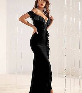 “Velvet Glam Fringe Beaded Evening Gown”