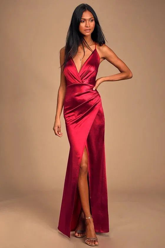 “Crimson Allure Satin Surplice Maxi Dress”