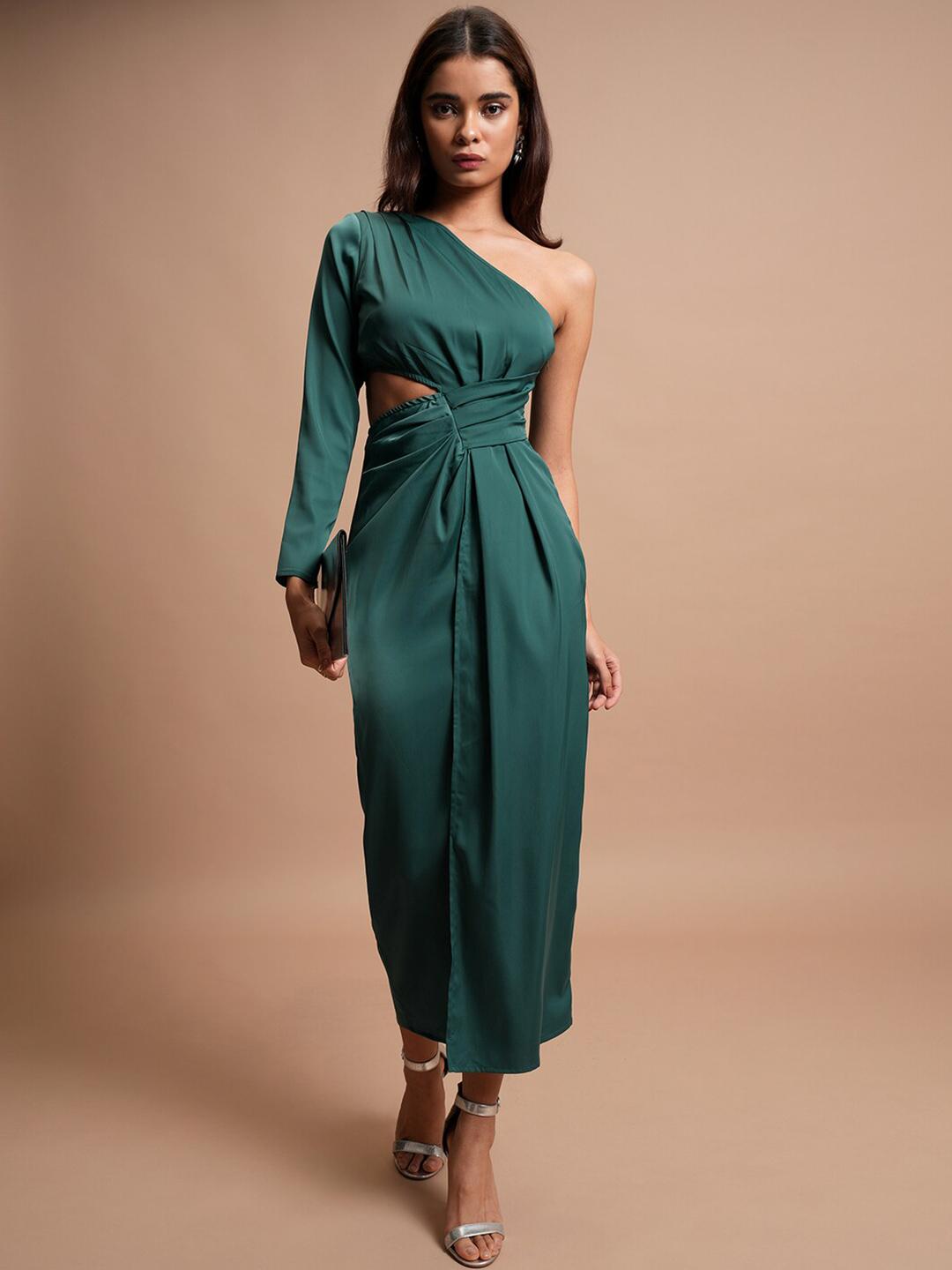 “Emerald Glow One-Shoulder Midi Dress”