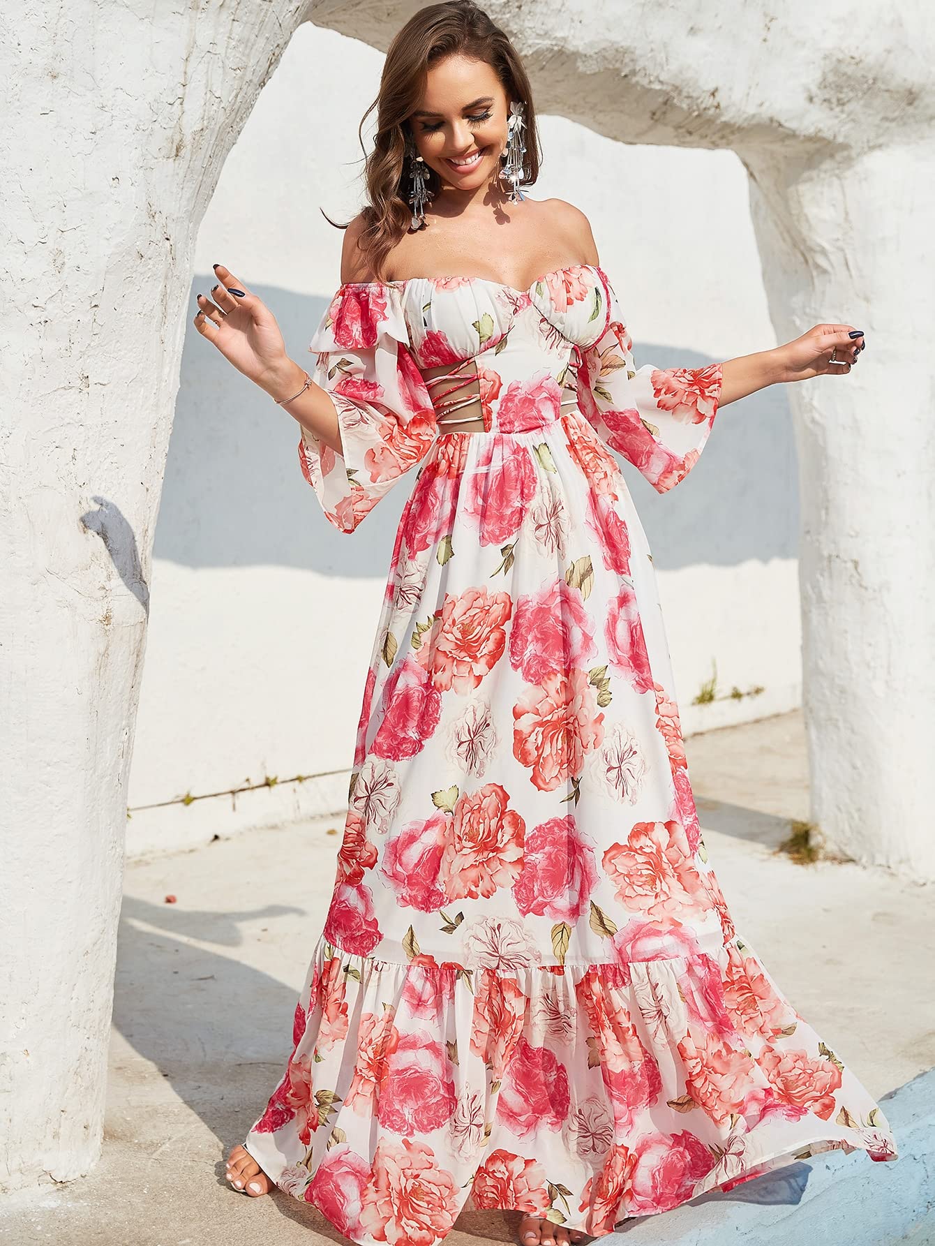 “Blossom Wave Floral Off‑Shoulder Maxi Dress”