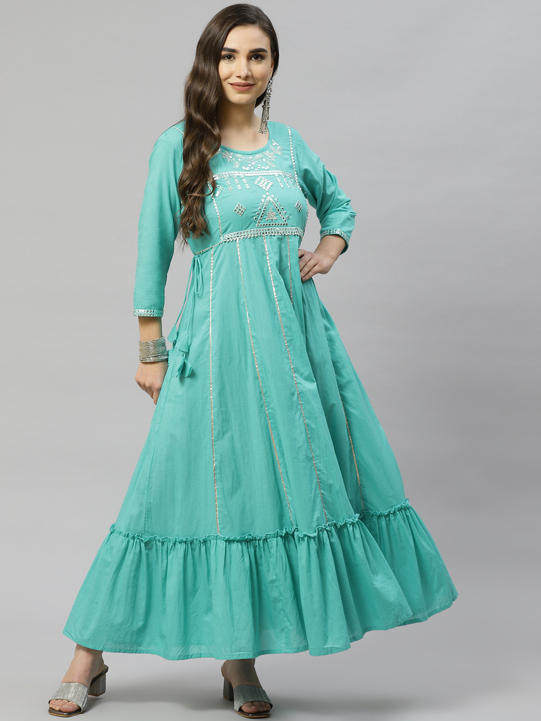 Celestia Blue Embroidered A-Line Maxi Dress