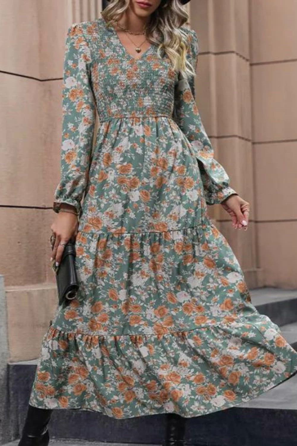 “Autumn Muse V-Neck Printed Midi Dress”