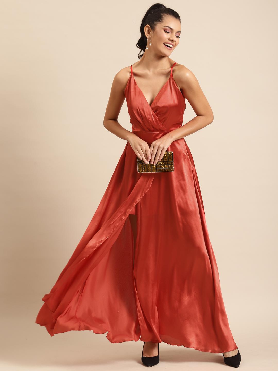 DODO & MOA Rust Orange Satin Maxi Slip Dress for Women