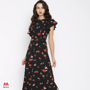 Black Printed Cotton A‑Line Dress