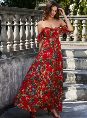“Blooming Twilight Off‑Shoulder Floral Maxi Dress”