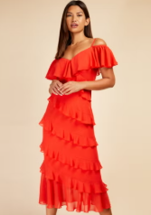 “Crimson Ruffle Cold‑Shoulder Midi Dress”