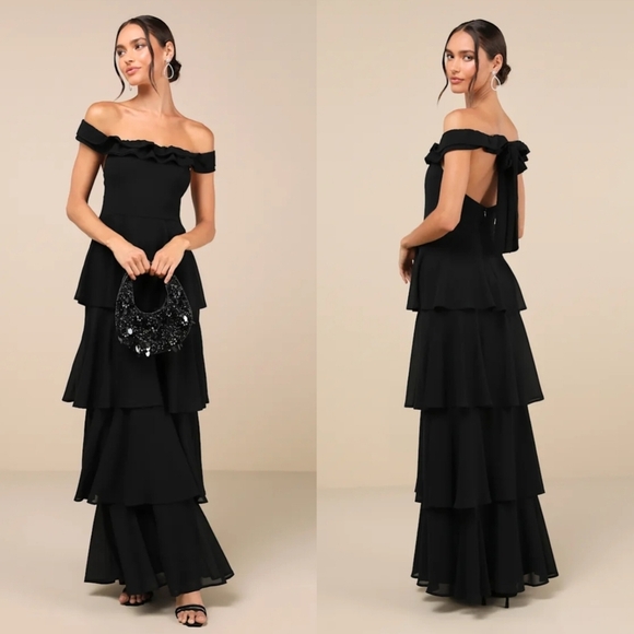 “Noir Cascade Off‑Shoulder Tiered Maxi Dress”